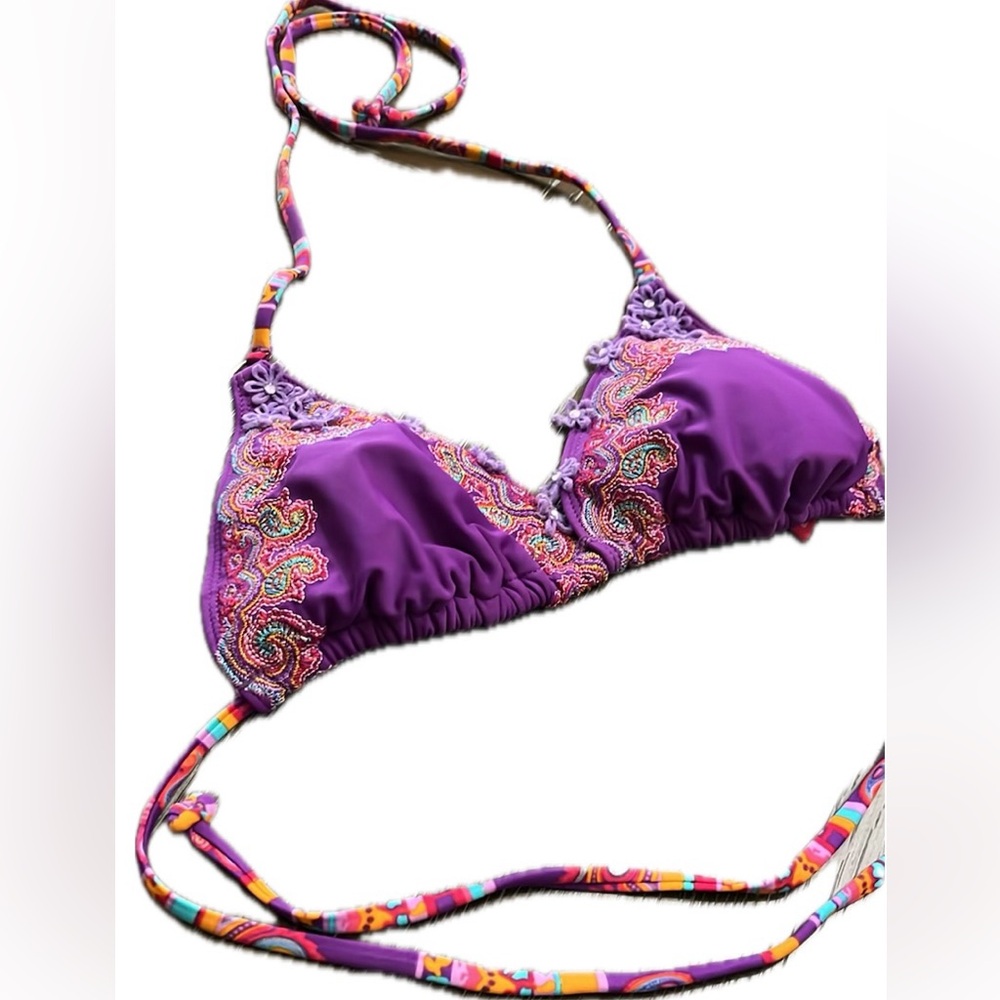 The bikini lab, purple embroidered and appliqué bikini top Size M